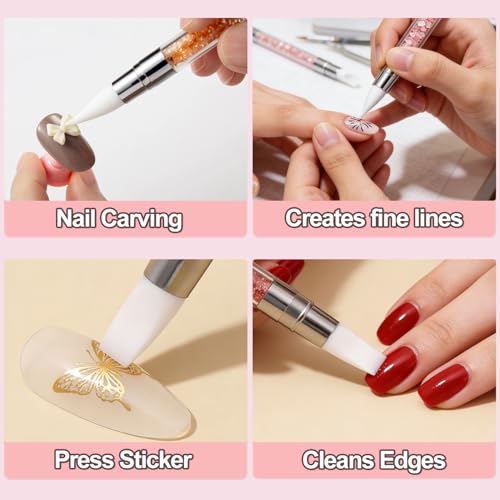 AIBEE 5Pcs Dual-Tipped Silicone Nail Sculpting Tool Set with Acrylic Rhinestone Handles for Nail Art Design