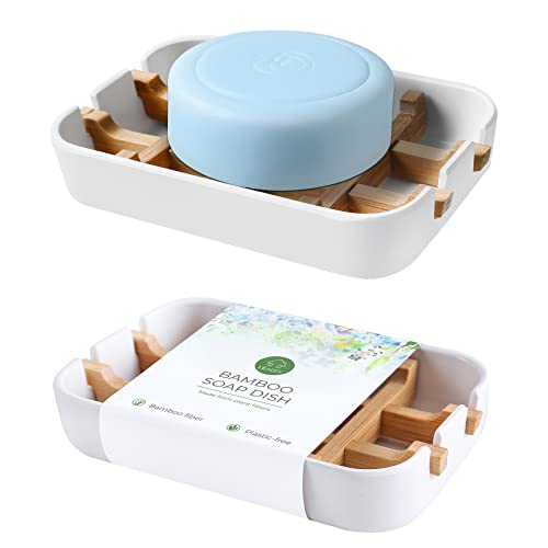 Leadiy Bamboo Fiber Soap Dish Holder - 2 Pack, Self-Draining White Soap Tray