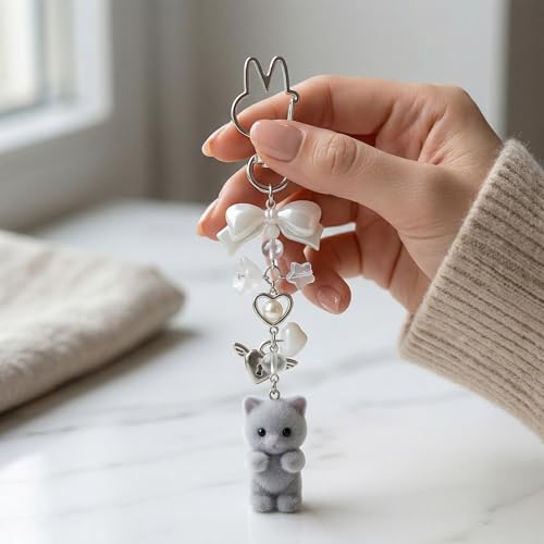 Cute Pink Fuzzy Cat Keychain - Aesthetic Y2K Style