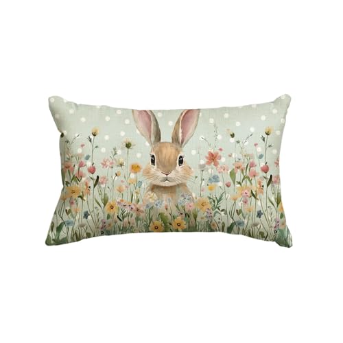 Easter Bunny Wildflowers Throw Pillow Cover 12x20 Inch
