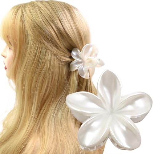 Pearl White Plumeria Flower Hair Claw Clip 3.1 Inch Non-Slip Hair Accessory