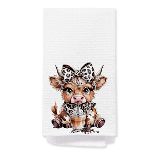 Highland Cow Kitchen Towels with Leopard Bow - 16x24 Inch
