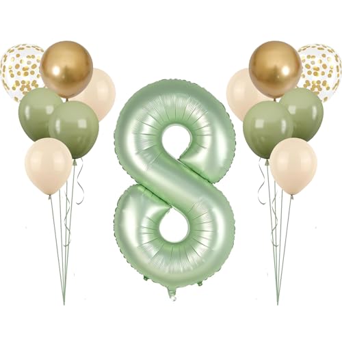 Sage Green Number 8 Balloon Set with Gold Confetti - 40" & 12"