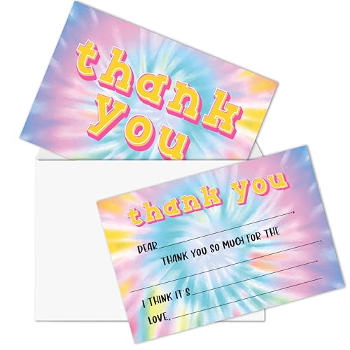 Tie Dye Kids Thank You Cards 20-Pack with Envelopes