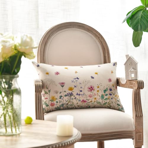 Colorful Floral Throw Pillow Cover, 12x20 Inch Polyester Cushion