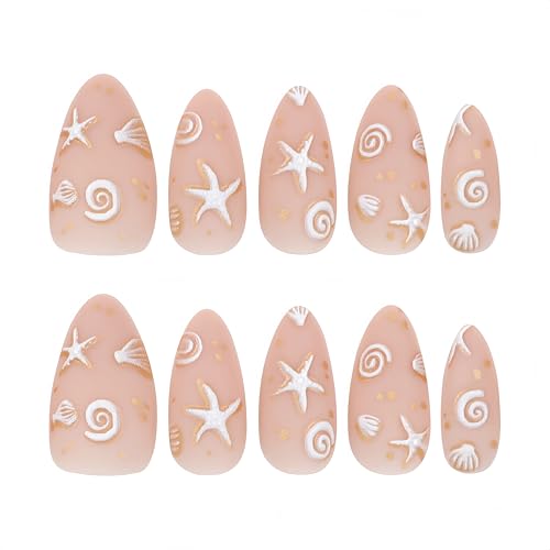 3D Nude Beach Press On Nails Almond Medium Fake Nails White Seashell