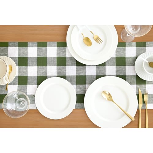 Solino Home Linen Buffalo Check Table Runner 14x108 Inches - Olive Green & White