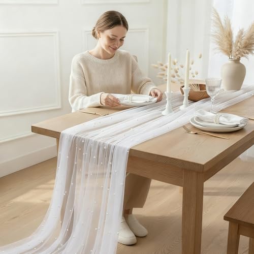 White Pearl Tulle Table Runner 10 ft Set for Weddings & Events