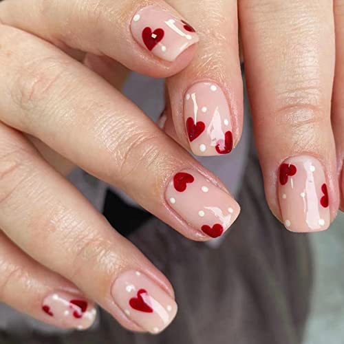 Valentine's Day Short Square Press On Nails Glossy Red Heart Acrylic Fake Nails