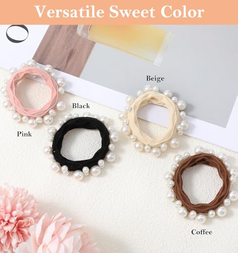Thrymme Pearl Hair Ties Set, 4 Pcs Elastic Ponytail Holders