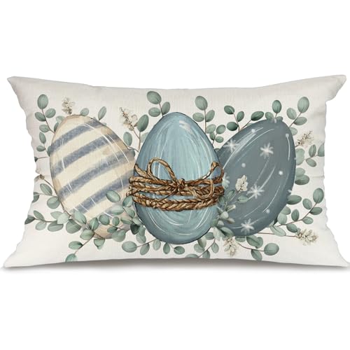 Easter Throw Pillow Cover 12x20 - Blue Eggs Eucalyptus Farmhouse Decor