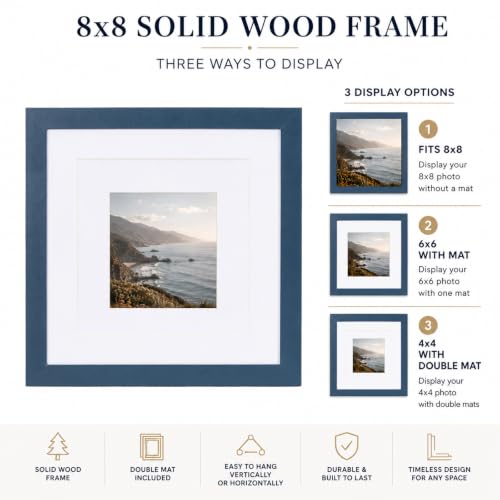 QOTIB 8x8 Solid Wood Picture Frame - Navy Frame with 4x4 & 6x6 Double Mats