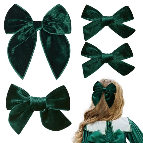 DEEKA Dark Green Velvet Hair Bows 4-Piece Set with Alligator Clips