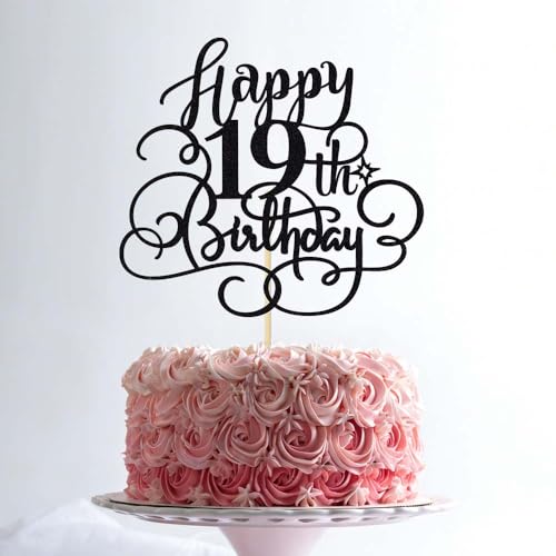 Black Glitter 19th Birthday Cake Topper - Cheers to 19 Years Party Decor