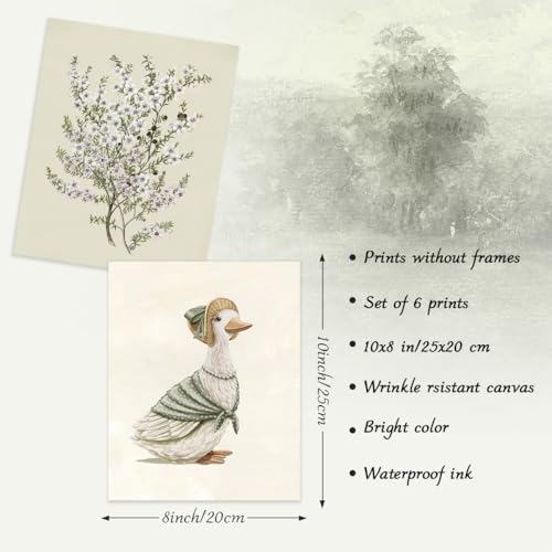 Sage Green Nursery Wall Art Set - 6Pcs Vintage Floral Animal Prints 8x10