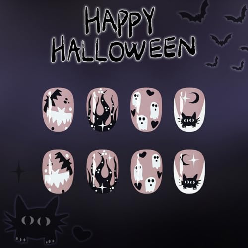 Halloween Press on Nails Short Acrylic False Nails Ghost Cat Design