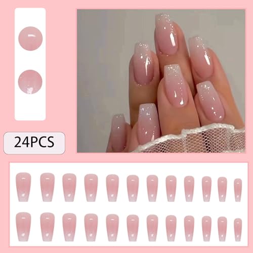 WAFOLOZE Medium Coffin Ombre Pink Press On Nails with Glitter