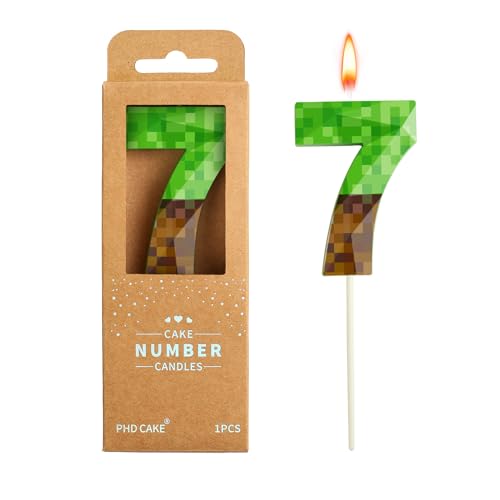 PHD CAKE 2.76 Inch Pixel Number 7 Birthday Candle - Green Miner Style