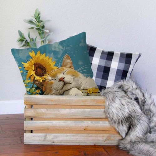 GAGEC 18x18 Inch Orange Cat Sunflowers Pillow Cover - Spring Decor