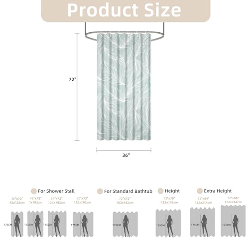 Yeele Mint Green Feather Shower Curtain - Waterproof & Machine Washable, 36x72 Inch
