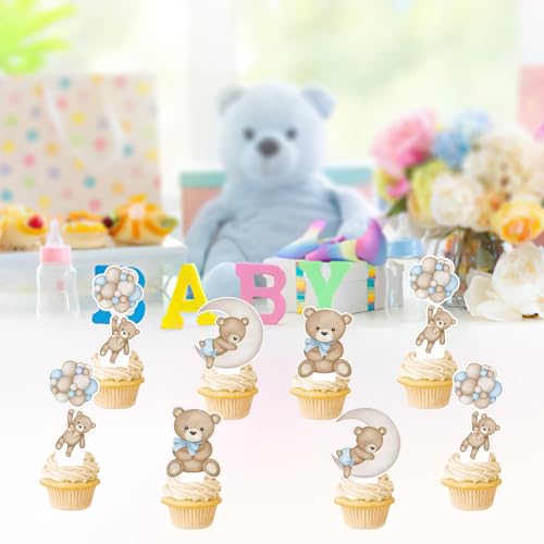 Blue Teddy Bear Cupcake Toppers - 48 Pcs Baby Shower Decorations