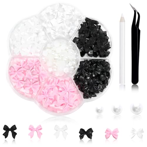 3D Bow Nail Charms and Flatback Pearls Set with Tweezers (300 Pcs)