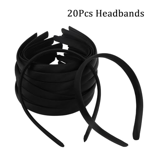 Black Satin Headbands for Women 20PCS - 1 Inch Thin Hair Bands for DIY Crafts