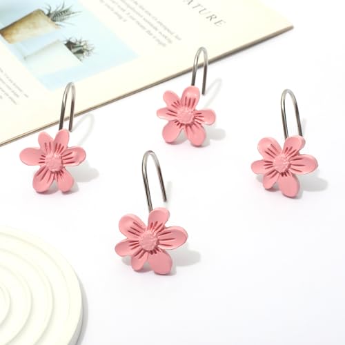 SUQ I OME Pink Floral Shower Curtain Hooks 12PCS Decorative Bathroom Accessories