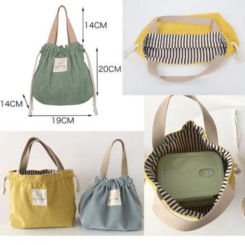 Green Portable Drawstring Corduroy Bento Lunch Bag - Insulated