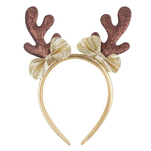 Ecuupas Christmas Antler Headband with Gold Bow Deer Ears Hair Hoop