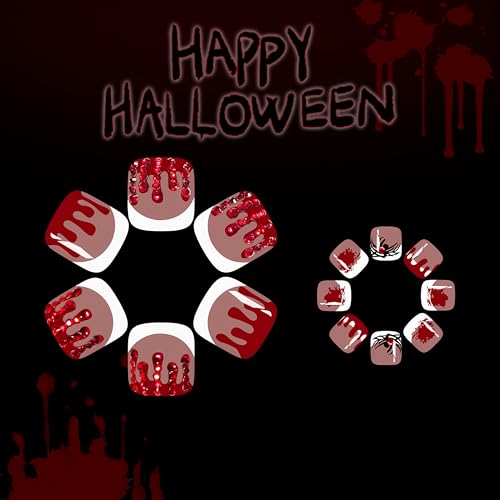 Halloween Press on Toe Nails Short Square False Toenails Red Spider Design
