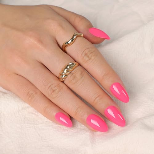 Artquee Hot Pink Short Almond Press on Nails Kit - 32 Pcs Glossy Reusable False Nails