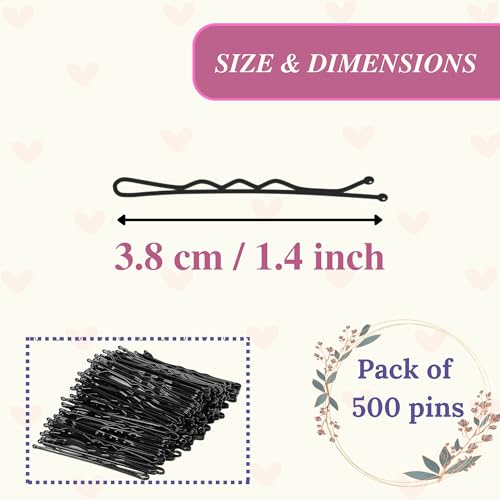 Black Bobby Pins 38mm - 500 Pack Hair Grips with Storage Box