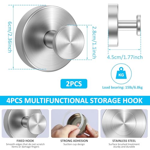 Silver Vacuum Suction Cup Hooks - No Drill Removable Hanger for Bathroom
