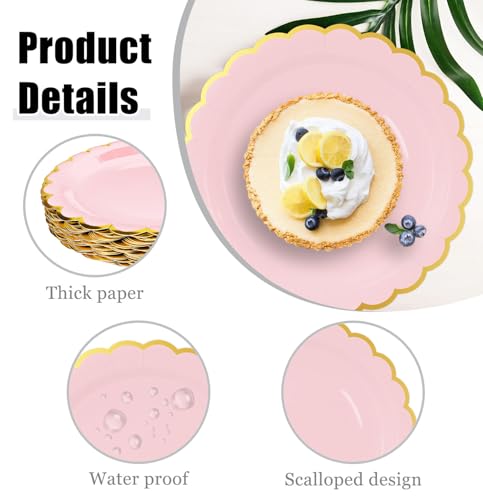 50 Light Pink Scalloped Paper Plates with Gold Foil - 7 Inch Disposable Dinner Plates for Parties