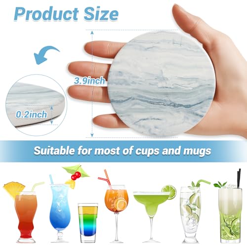 Acejoz 6-Piece Blue Marble Ceramic Coaster Set with Metal Holder
