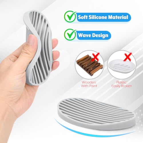 Cosmos Silicone Soap Dish Holder - Non-Slip Oval Soap Tray, 3 Pack Gray