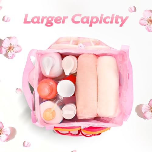 Famichan Mesh Shower Caddy with Drawstring - Portable Bath Organizer for College, Camping & Travel - Pink