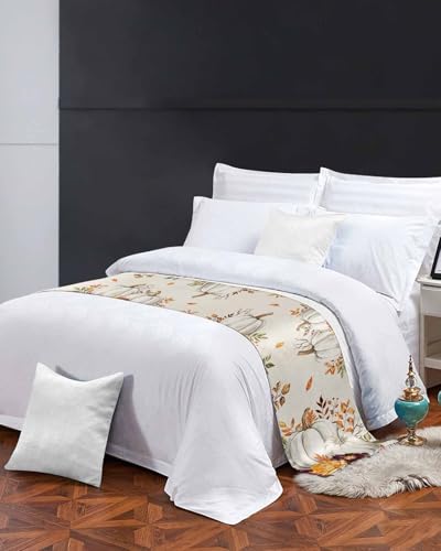 Thanksgiving Pumpkin Maple Leaf Watercolor Bed Runner for King Size Beds 102x20in