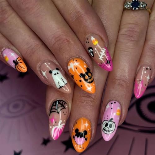 Mdscve Halloween Press On Nails Almond Fake Nails Pink Tip 24 Pcs