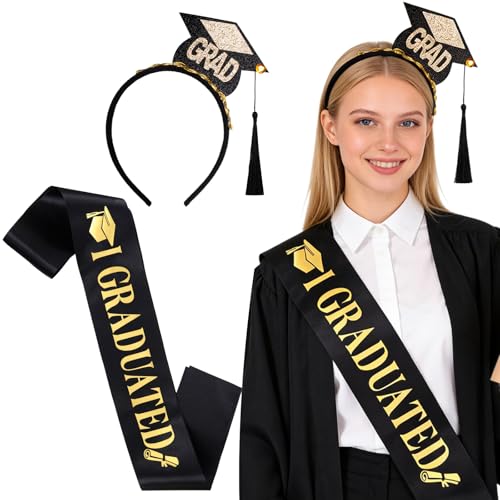 Graduation Cap Headband and Sash Set Black Gold Glitter Party Accessory
