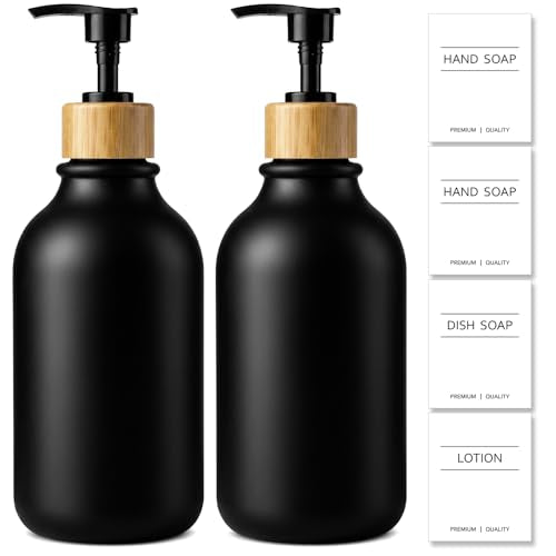 KASUNTING 17 Fl Oz Black Hand Soap Dispenser Set with Bamboo Pump