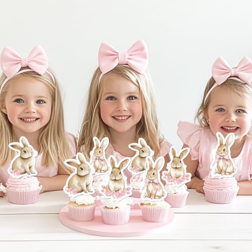36 Pcs Bunny Cupcake Toppers with Pink Bow - Floral Rabbit Theme Decorations
