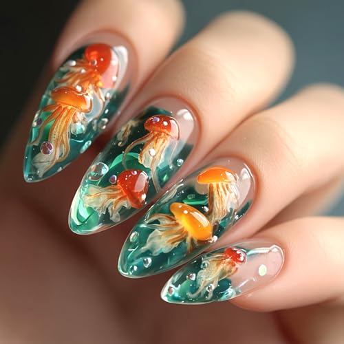 Blue Green Jellyfish Press on Nails Medium Almond Glossy False Nails