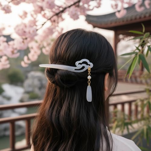 Chinese Acetate Jade Hair Stick with Tassel Flower Pendant for Updos