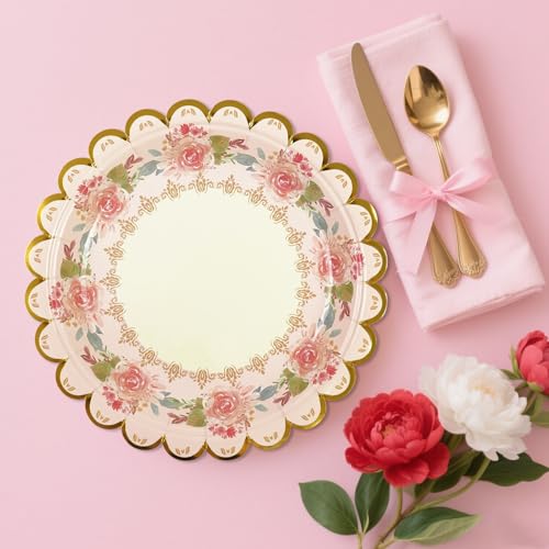 Floral 7-Inch Disposable Paper Plates - 48 PCS Scalloped Design for Parties