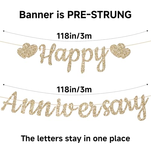 Pre-Strung Gold Glitter Happy Anniversary Banner | Wedding Decor