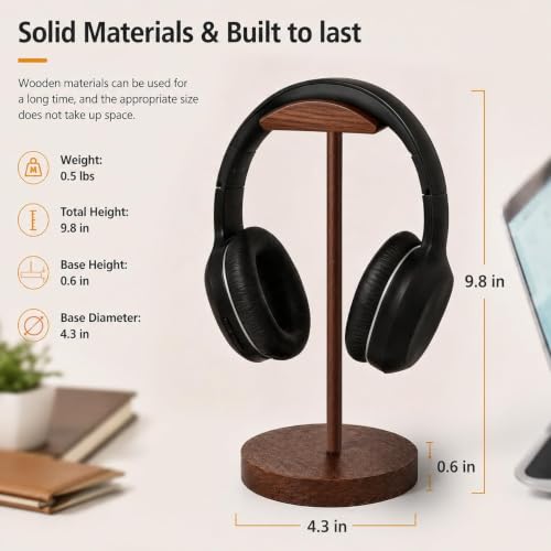 Walnut Wooden Headphone Stand - Desktop Headset Hanger & Display Holder