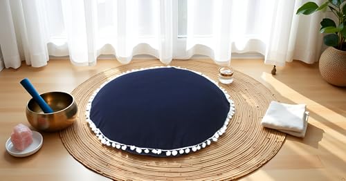 Blue Round Meditation Floor Pillow Cover, 22" Large Bohemian Design