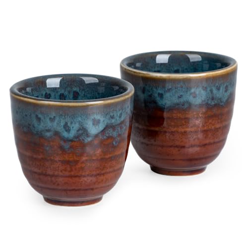 Peacock Tail Ceramic Japanese Tea Cups - Set of 2, 5 oz